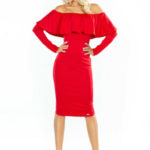 Dámské společenské šaty s volánem a dlouhým rukávem červené – Červená / M – Numoco