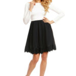 Dámské společenské šaty s dlouhým rukávem a skládanou sukní bílo-černé – Černo-bílá / XL – MAYAADI