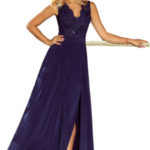 Společenské dámské šaty bez rukávů krajkové dlouhé tmavě modré – Tmavě modrá / XL – Numoco