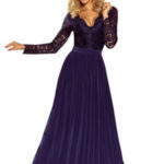 Exkluzivní dámské šaty s krajkovým dekoltem a dlouhým rukávem dlouhé tmavě modré – Tmavě modrá / S – Numoco